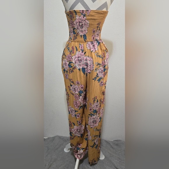 NWT Band of Gypsies Strapless Jumpsuit Mustard Yellow Pink Florals Sz Small - Picture 5 of 11